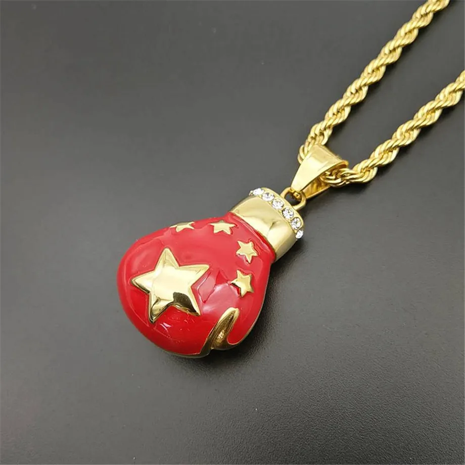 Hip Hop Iced Out Bling Boxing Gloves Pendant Necklace For Men Gold Color Chinese/American Flag Necklaces Male Jewelry | Украшения и