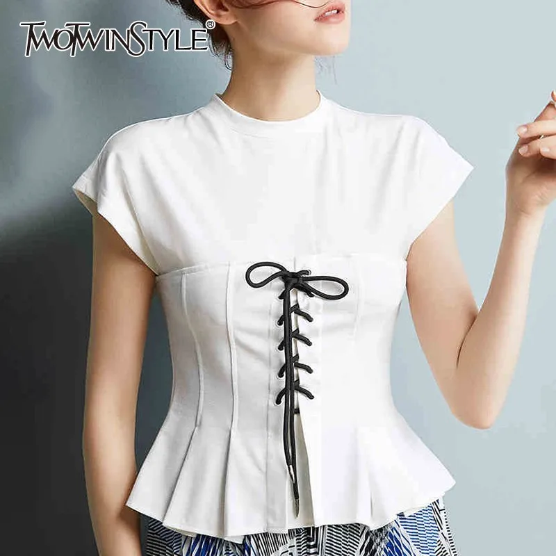 TWOTWINSTYLE элегантная тонкая футболка для женщин с круглым вырезом коротким рукавом