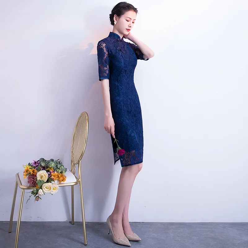 Cheongsam Blue Qi Pao современное китайское свадебное платье кружевное невесты Qipao 2018
