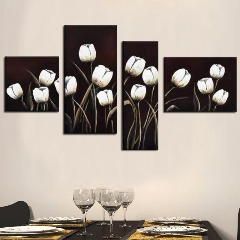 

Hand-painted Landscape Modern Oil Painting On Canvas Wall Art Pure White Tulip Home Decoration Abstract 4pcs/set Pictures