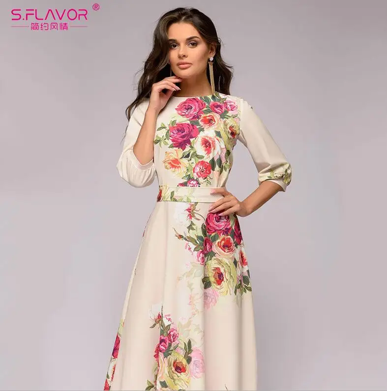 beige Женское элегантное богемное платье S.FLAVOR, длинное платье для весны и лета с коротким рукавом-фонариком и О-образным вырезом - Цвет: beige