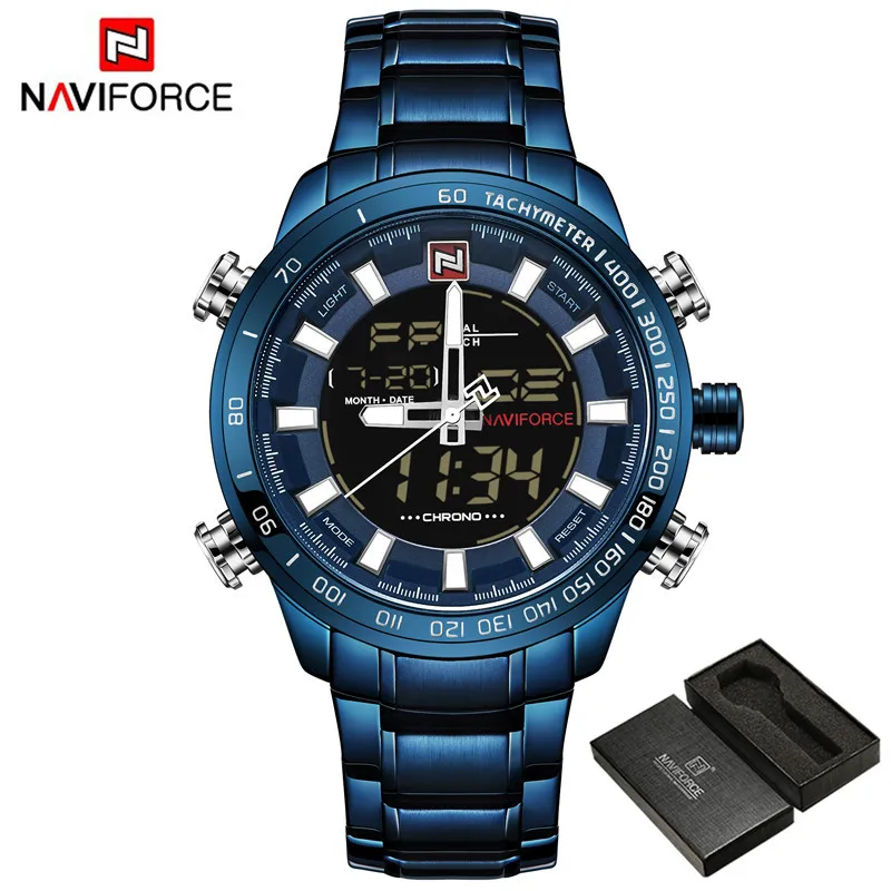 NAVIFORCE, мужские часы, цифровые, спортивные, мужские, s, наручные часы, лучший бренд, Роскошные, военные, из нержавеющей стали, аналог, светодиодный, кварцевые, мужские часы 9093 - Цвет: NA909307 with box