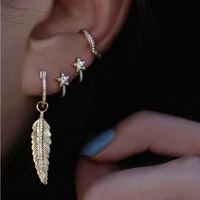 vintage classic women jewelry gold filled cz leaf feather drop charm earring fashion