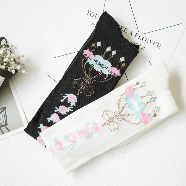 

Чулки выше колена, хлопковые, черные, белые, с рисунком розы