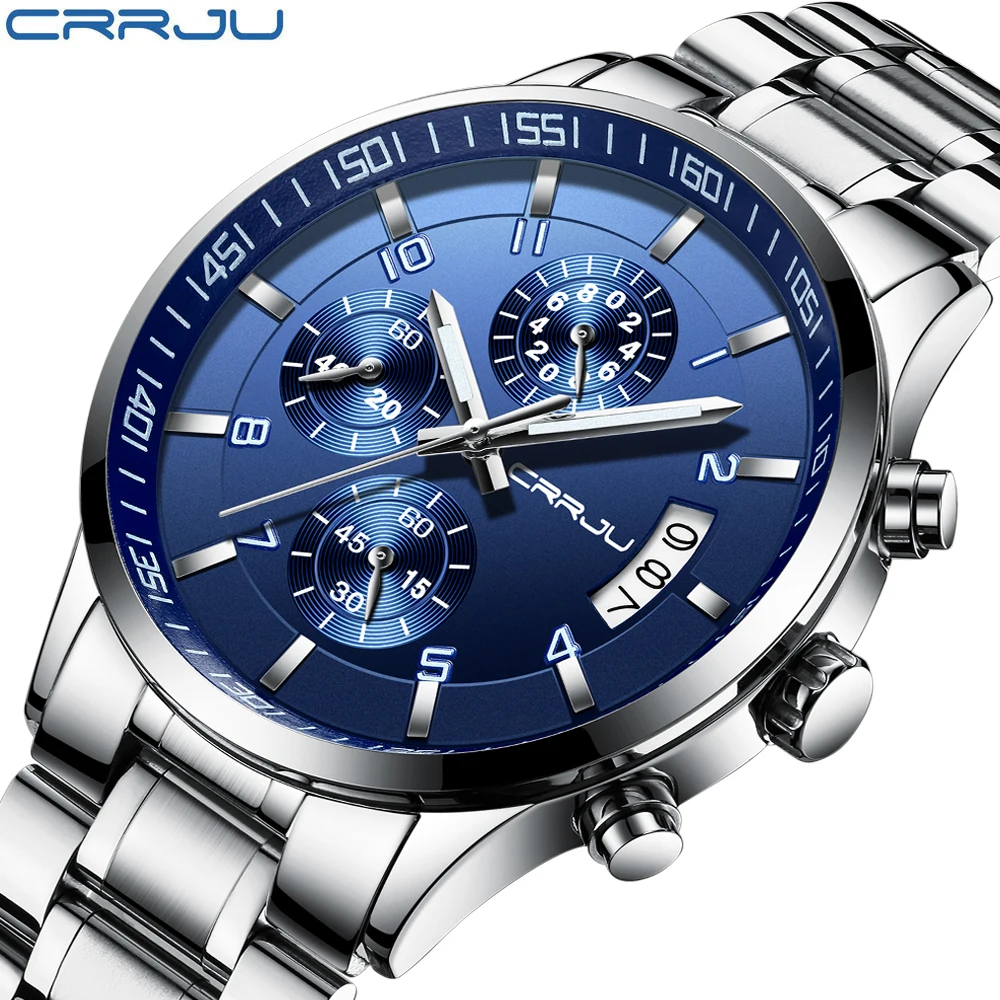 

CRRJU Brand Fashion Full Steel Mens Quartz Watch chronograph Date Clock Male Sport Military Wristwatches Relogio Masculino