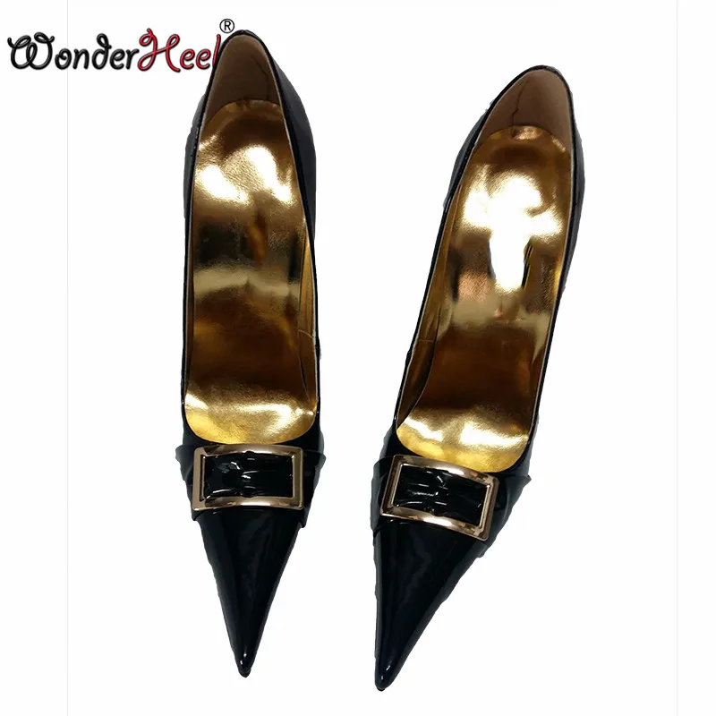 Черный Wonderheel/Новые пикантные женские туфли-лодочки из лакированной кожи на очень высоком тонком металлическом каблуке 16 см с острым носком без застежки Большие размеры - Цвет: Черный