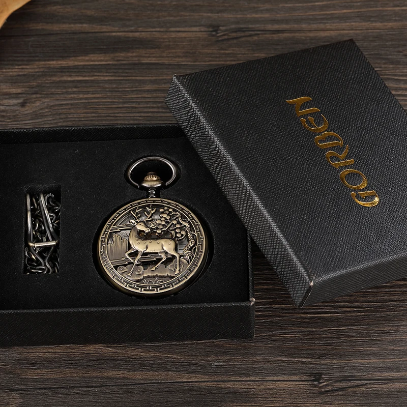 Vintage Deer Motif Hollow Hand-winding Pocket Watch Mechanical Double Cover Fob Chain Necklace Watches Steampunk Bronze Pendent | Наручные