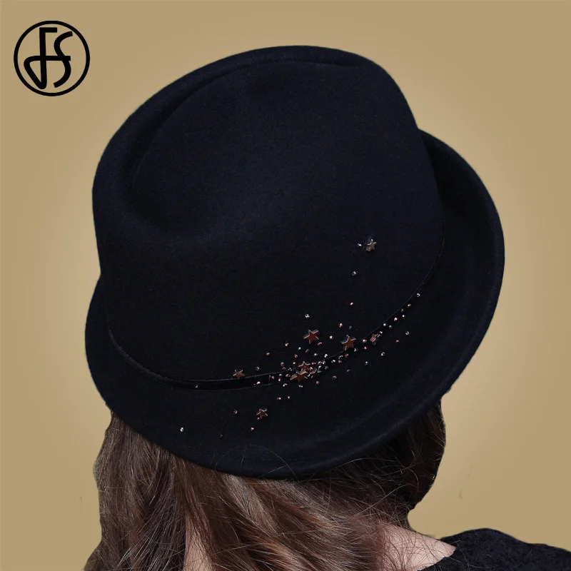 Black Wool Hat FS женские осенне-зимние фетровые шляпы из шерсти, женские шляпы с широкими полполями в стиле джаз, винтажные шапки, коричневые, темно-синие, красные, черные - Цвет: Black Wool Hat