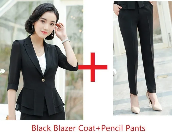 Black Pantsuits Весна Лето Половина рукава Формальные женские деловые костюмы OL стили профессиональные дамы офисная Рабочая одежда женские униформы наборы - Цвет: Black Pantsuits