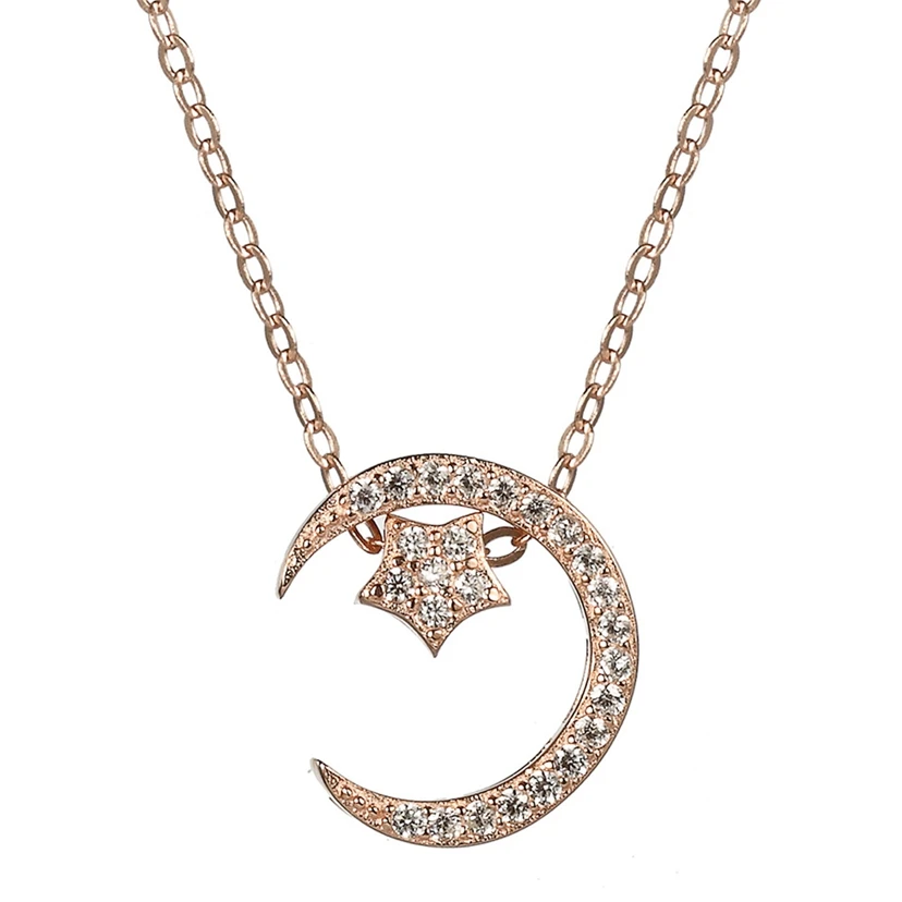 

Eulonvan Luxury 925 Sterling Silver Moon Star Gold Color Choker Chain Pendant Necklace Dropshipping White Cubic Zirconia S-A598