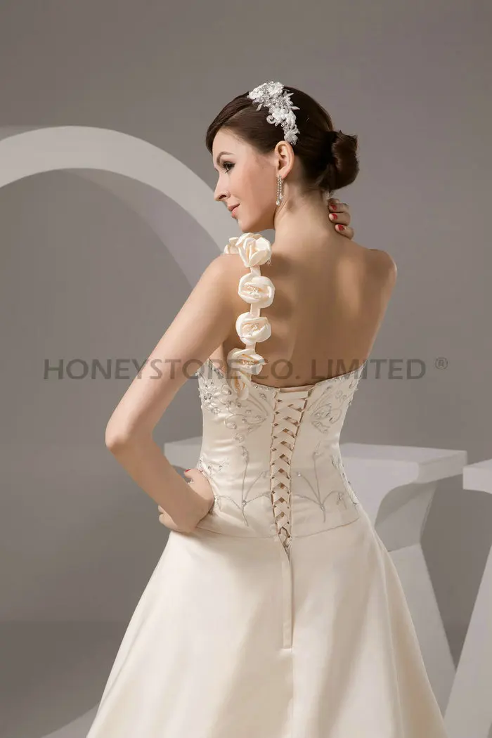 Wedding Dress Short Lace Dresses Satin Weddings A-Line Court Train Embroidery Sweetheart One Shoulder Sleeveless Dro 2015 Outlet |
