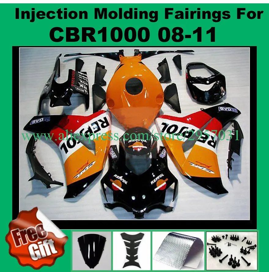 

Free screws+gifts For Honda CBR 1000RR 2008 2009 2010 2011 CBR 1000 RR ABS Plastic motorcycle Fairing Kit Orange REPSOL