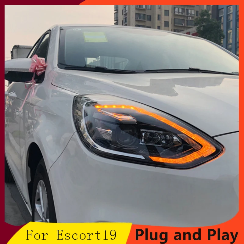 

car for 2019 Ford Escort headlight assembly modified LED daytime running light LED streamer steering Xenon headlights