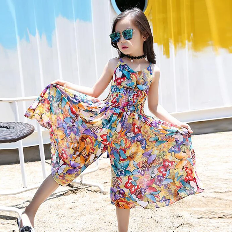 New Bohemian Style Children's Dresses Girl Summer Floral Wide Leg Pants Jumpsuit Girls Personality Dress Crianca Vestidos |