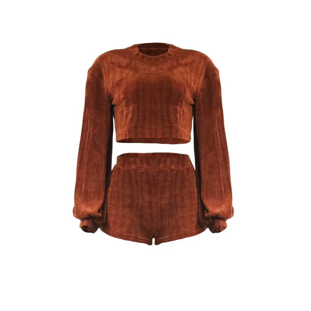 Adogirl осень Velvet Bodycon Для женщин Двойка шорты короткие топы с длинными Sheeve