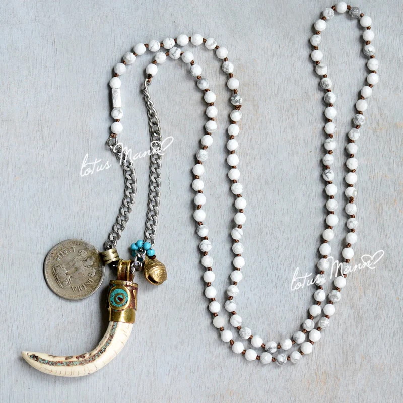Длинное ожерелье с лотосом манном старинная монета когтями орла белая Бирюза |