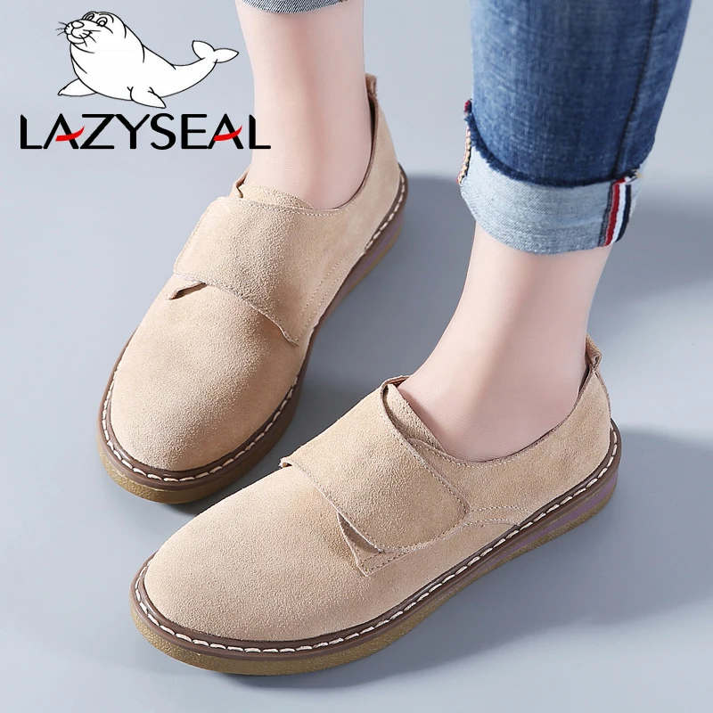 

Женские туфли-оксфорды LazySeal, лоферы из натуральной воловьей замши, с крючком, топ-сайдеры, круглый носок, плоская подошва, мокасины
