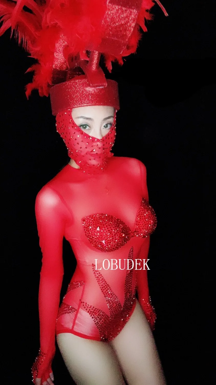 Valentine's Day Party Dance Teams Stage Wear Red Mesh Perspective Rhinestones Bodysuit Model Catwalk Nightclub Bar Dance Costume