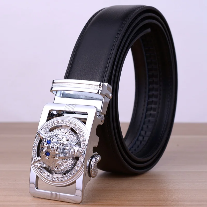 black sliver buckle Горячие новые брендовые дизайнерские ремни мужские высокого качества автоматический ремень мужской кожаный пояс Повседневный ремень с волком Heah пряжкой - Цвет: black sliver buckle