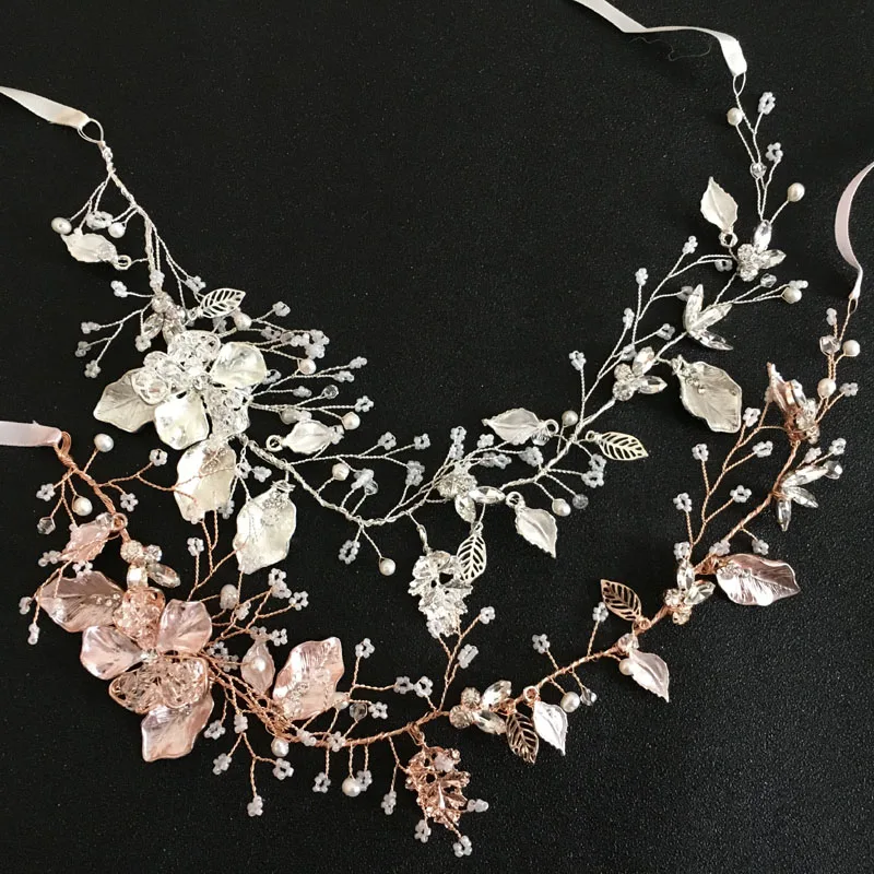 SLBRIDAL розовые золотые стразы натуральный жемчуг свадебные аксессуары для волос повязка для волос Свадебная повязка на голову ювелирные изделия для подружек невесты для женщин
