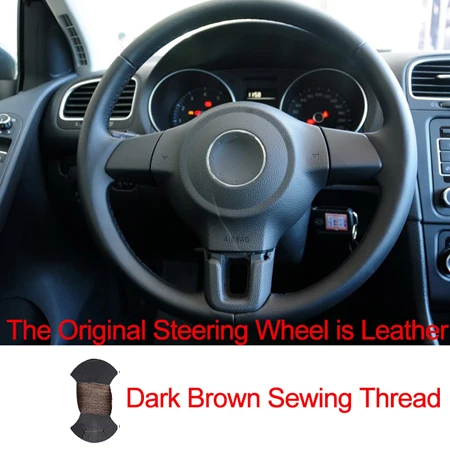 Leather Brown Hand Sewing Car Steering Wheel Cover Top Cow Leather Funda Volante For Volkswagen Golf 6 Mk6 VW Polo MK5 2010 2011 2012 2013 - Название цвета: Leather Brown