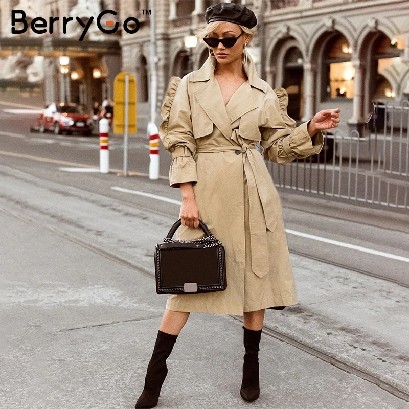 Женский Тренч с оборками по бокам BerryGo Элегантное Длинное осеннее пальто v