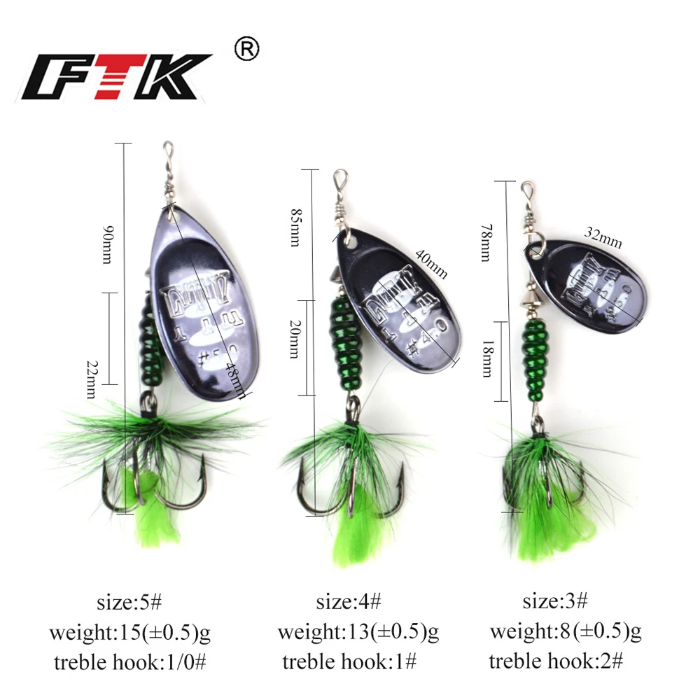FTK 1pc Metal Fishing Lure 8.5g 13g 15g Spoon Lures Spinner Bait Bass Hard Bait With Feather Treble Hooks Pike Fishing Tackle