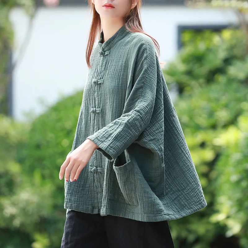 Chinese style stand collar autumn outwear shirt vintage overshirt long sleeve button blouse red black blusas