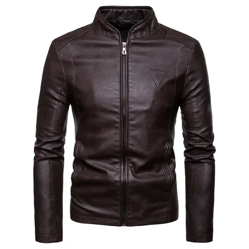 Dark Brown Мужские кожаные куртки, Осенние новые мужские корейские стильные тонкие Куртки из искусственной кожи с воротником - Цвет: Dark Brown