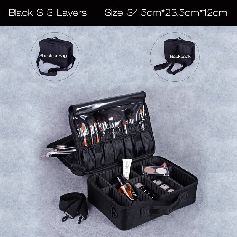 Black S 3 Layers Водонепроницаемая косметичка, органайзер, большие сумки, милый корейский чехол для костюма, чехол для макияжа, косметичка, чехол для профессионального макияжа - Цвет: Black S 3 Layers