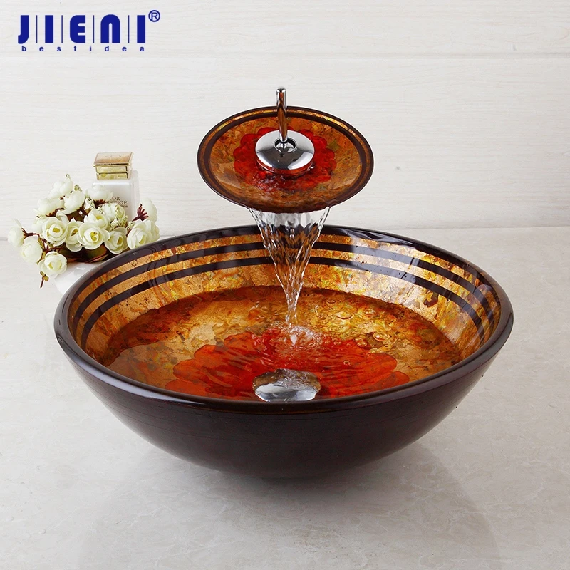 

JIENI Bathroom Basin Sink Set Faucet Tempered Bathroom Glass Vessel Sink Chrome Waterfall Brass Faucet Combo