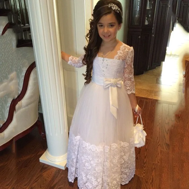 Элегантное платье с цветочным узором для девочек белые кружевные апликации из тюля длинными рукавами