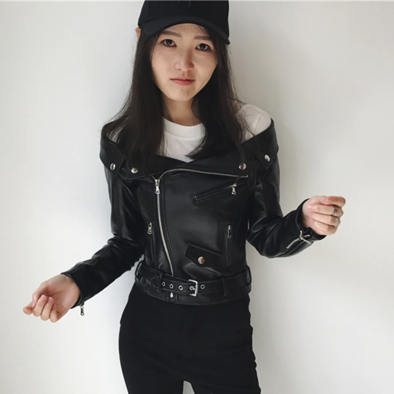 2019 Women Sexy Off Shoulder Short 100% Sheepskin Genuine Leather Jackets Slim Motorcycle Real Leather Jacket Coats Streetwear