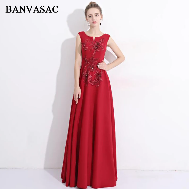 BANVASAC 2018 Длинные вечерние платья с круглым вырезом и кристаллами цветами