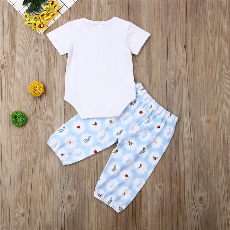 Kids Clothing Set Short Sleeve White Baby Rompers Rabbit Print Girls Tops Blue Long Pants Bottoms Children Boys Outfit | Детская одежда