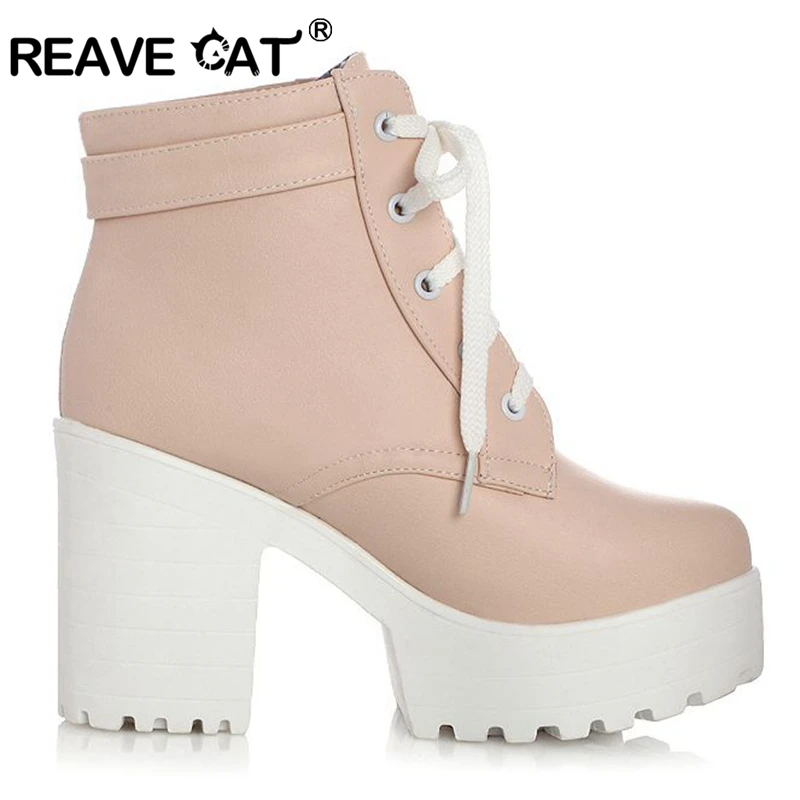 REAVE CAT/3 цвета; зимние пикантные женские ботинки на шнуровке; Модные Черные ботильоны на платформе с высоким квадратным каблуком и пряжкой; большие размеры 34-43