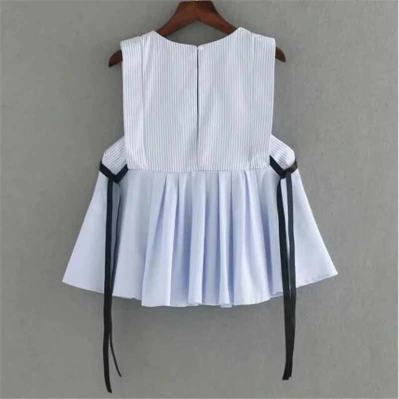 Милая плиссированная баска полосатый сорочка на бретелях Женщины топы с длинным