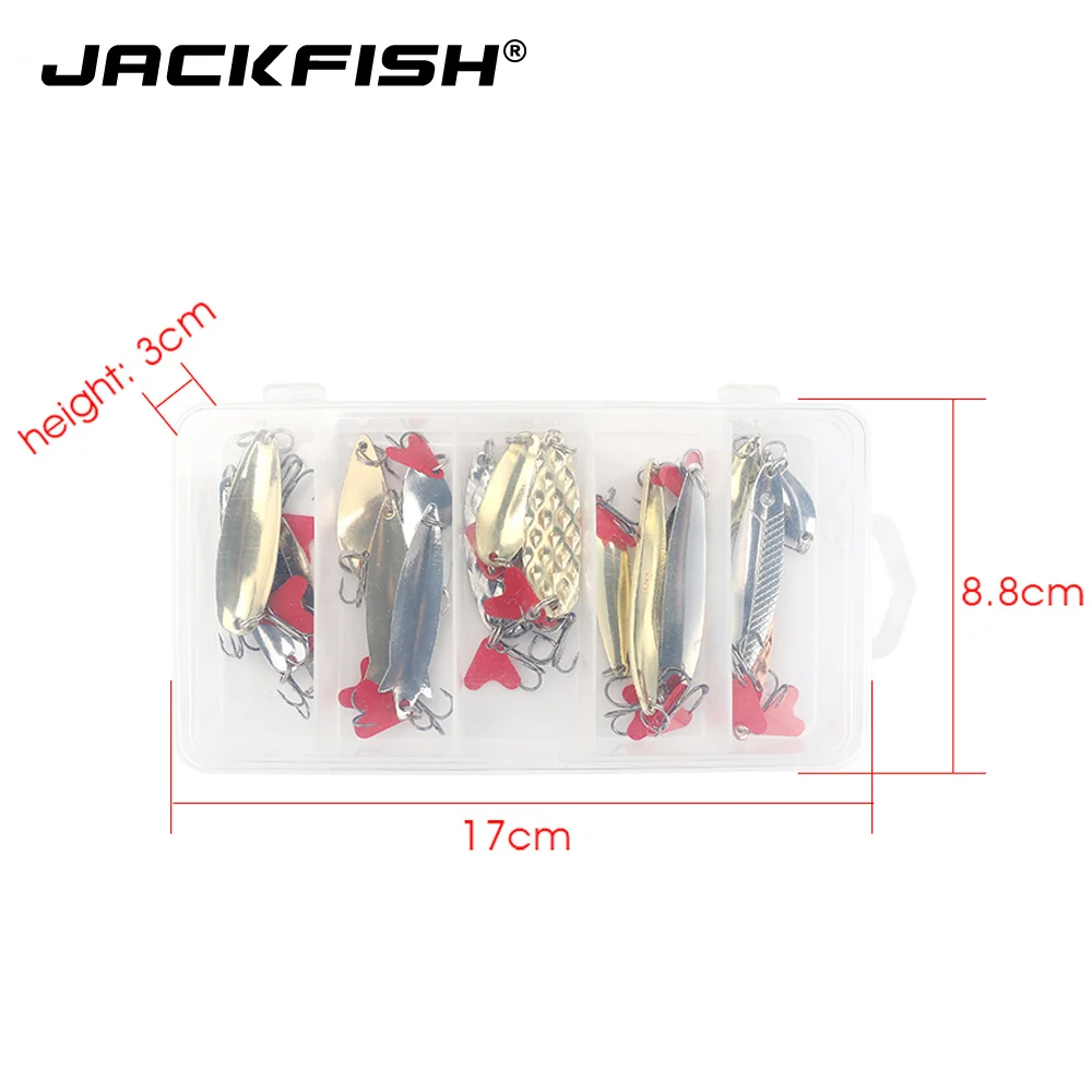 JACKFISH, 20 шт./лот, набор металлических наживок с блестками, 2,5 г/5 г/7 г/8 г/10 г, блесны, ложка, комплект рыболовной приманки с коробкой, жесткая приманка, рыболовный крючок