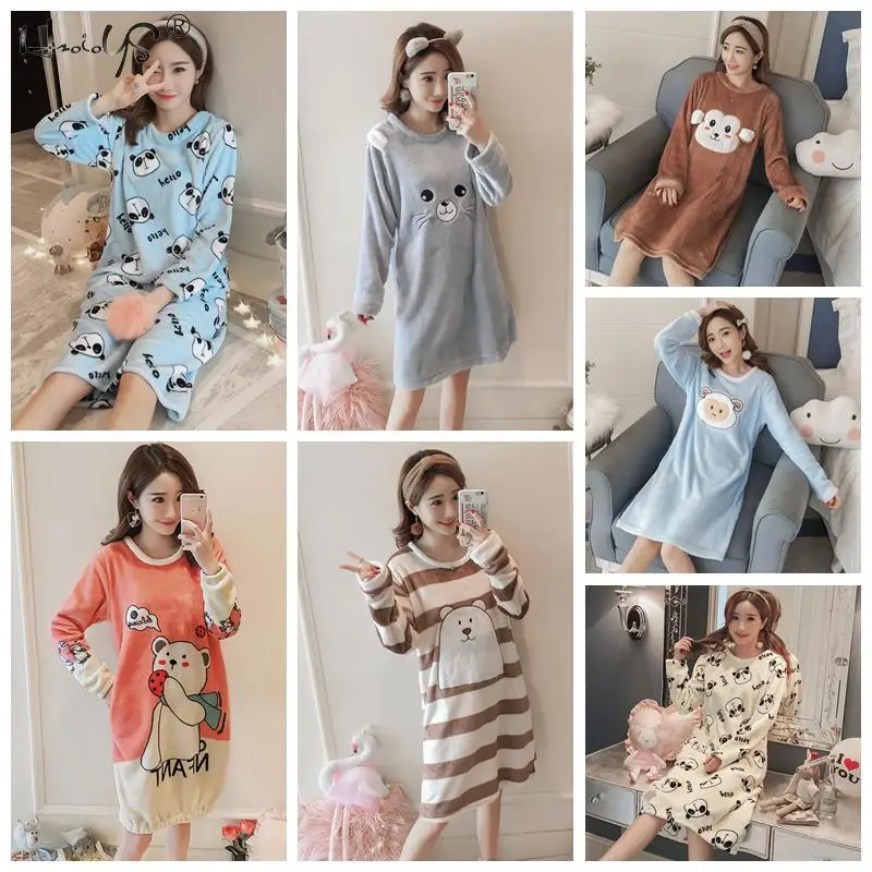 Nightgowns Bathrobe Thick Warm Flannel Nightdress for Women Winter Sleepshirts Coral Velvet Animal Sleepwear Femme Nighty