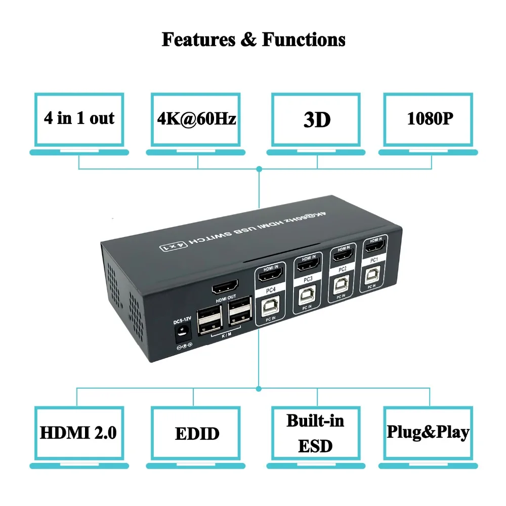 4 Порты и разъёмы HDMI KVM переключатель коробки, Поддержка высокое Разрешение 4Kx2K@ 60 Гц и 3D& 1080 P, с USB и мультимедийный интерфейс высокой четкости 2,0 кабели комплект, высокая Совместимость