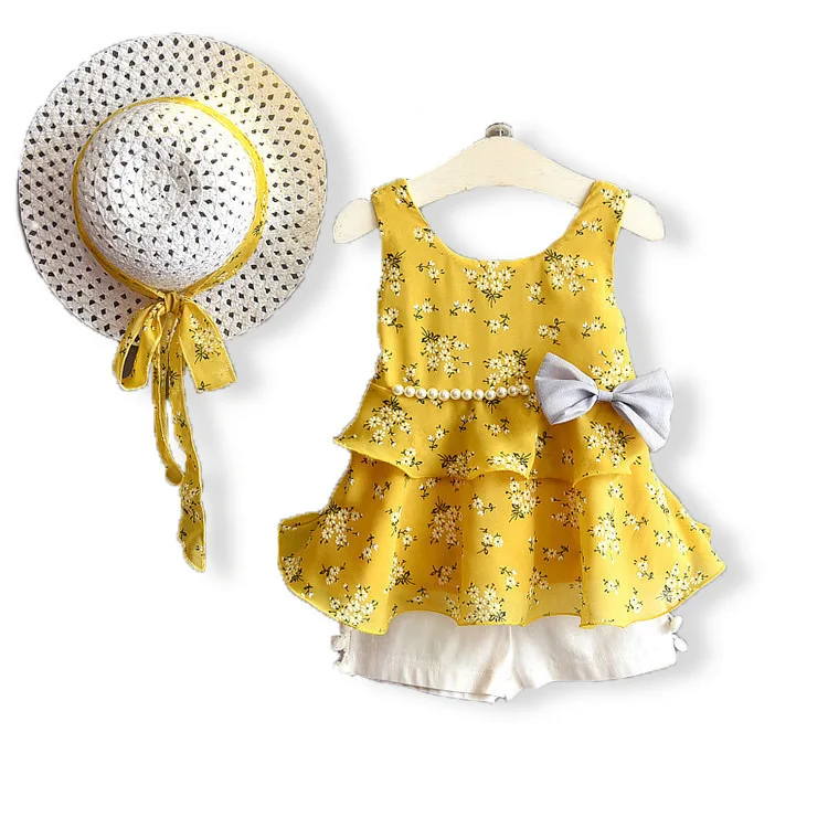 

Girls Clothing Sets 2019 Summer Kids Clothes Floral Chiffon Halter+Embroidered Shorts Straw Children Clothing