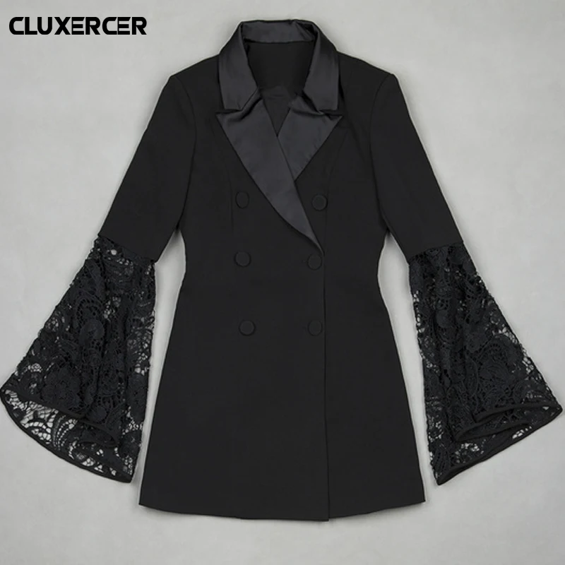 Женский блейзер весна 2018 двубортный пиджак Модный облегающий с кружевными