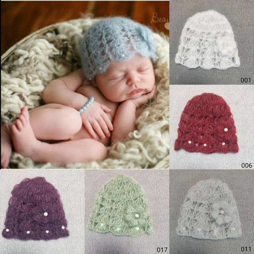 Gorro de Mohair de ganchillo para beb&eacute; y ni&ntilde;a, accesorios de fotograf&iacute;a para reci&eacute;n nacido con perla, accesorios de regalo para Baby Shower-0