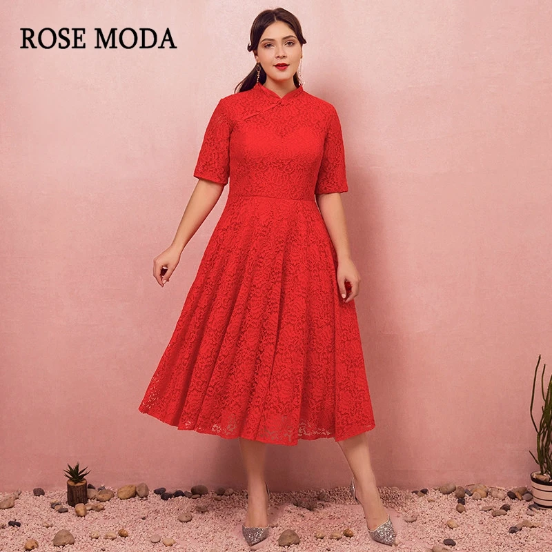 

Rose Moda Tea Length Half Sleeves Red Lace Formal Plus Size Evening Dress Real Photos