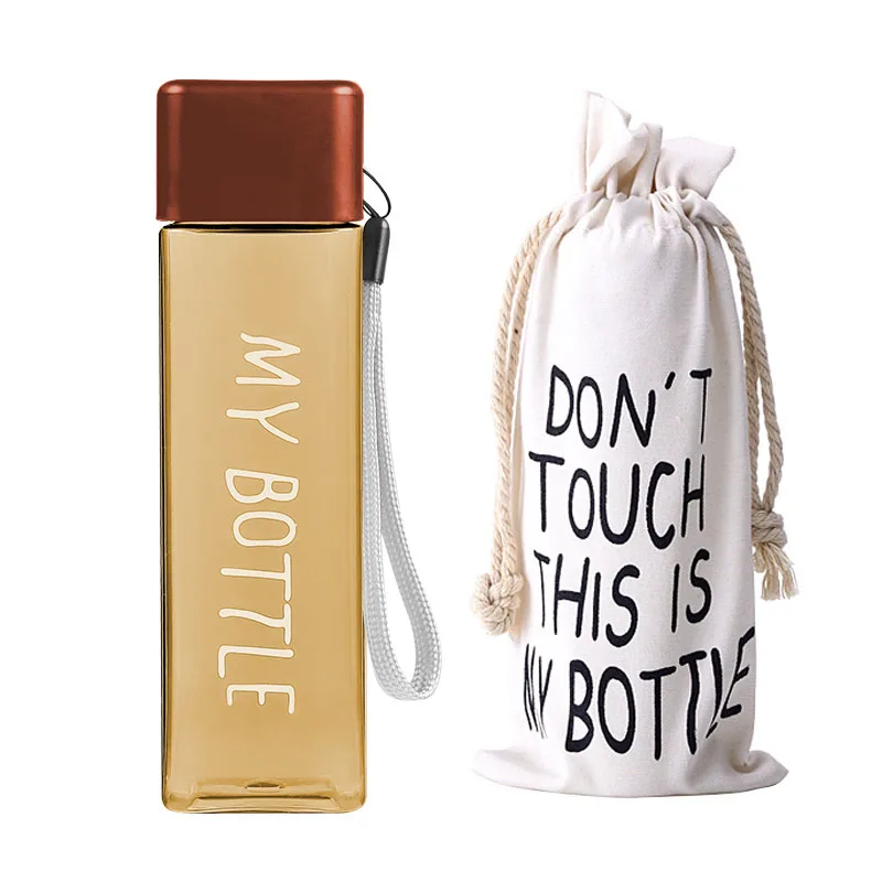 brown and bag Новая квадратная пластиковая бутылка My bottle 500 мл для бутылок с водой для питья с веревкой, прозрачная или матовая Спортивная, корейский стиль, термостойкая - Цвет: brown and bag