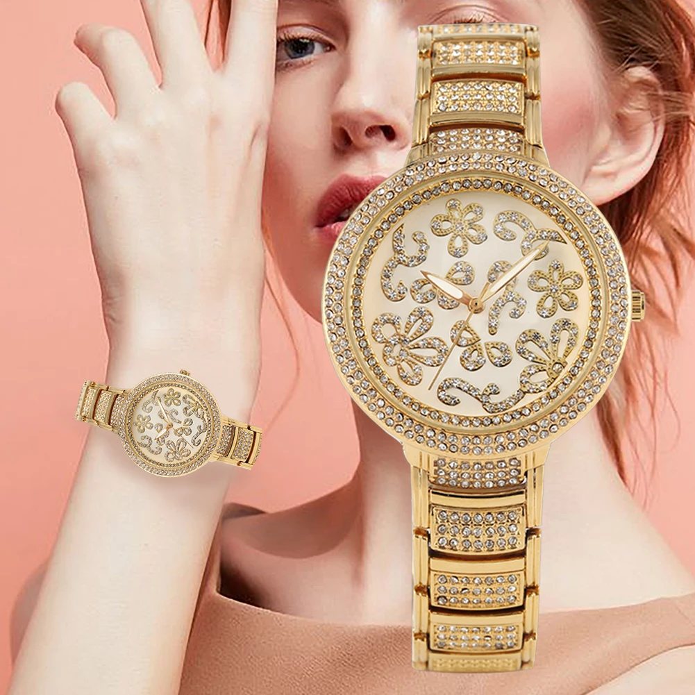 

Elegant White Decorative Pattern Dial Quartz Analog Watch Creative Diamond-encrusted Watches For Lady Premium Steel Bangle Clock