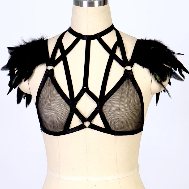 

Портупея JLX, черная Готическая эполета с крыльями из перьев, нагрудная портупея, Бандажное белье, клетка, топ, эластичные ремни, портупея для тела, праздничный пояс