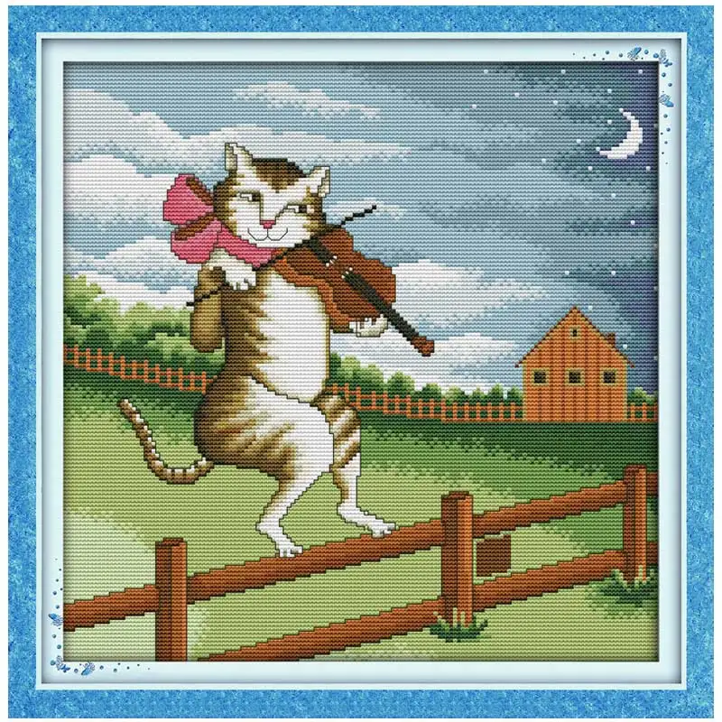 Ручная работа 11CT 14CT кот играет на скрипике живопись Счетный крест Животные