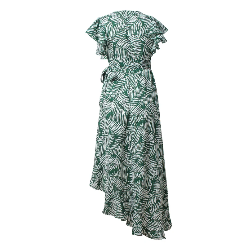 Erregina Ruffles Green Leaf Летнее платье сексуальное асимметричное с коротким рукавом