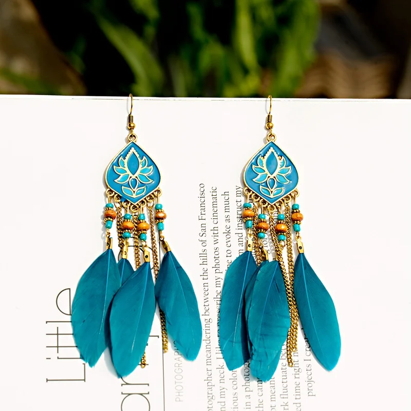 Женские серьги кисточки Lotus Jhumka Винтажные с перьями из турков цыганские